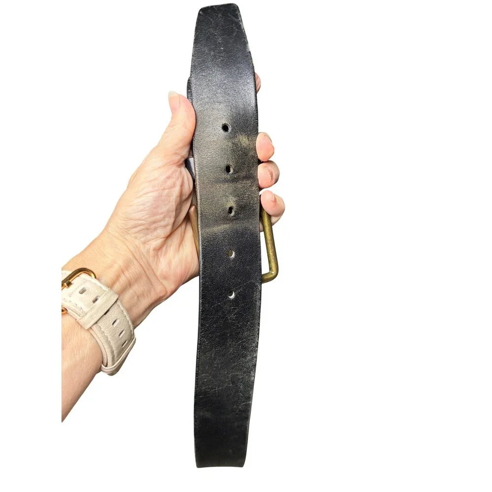 Vintage Distressed Black Leather Belt Brass Buckle Diamond Studs Workwear 34-36